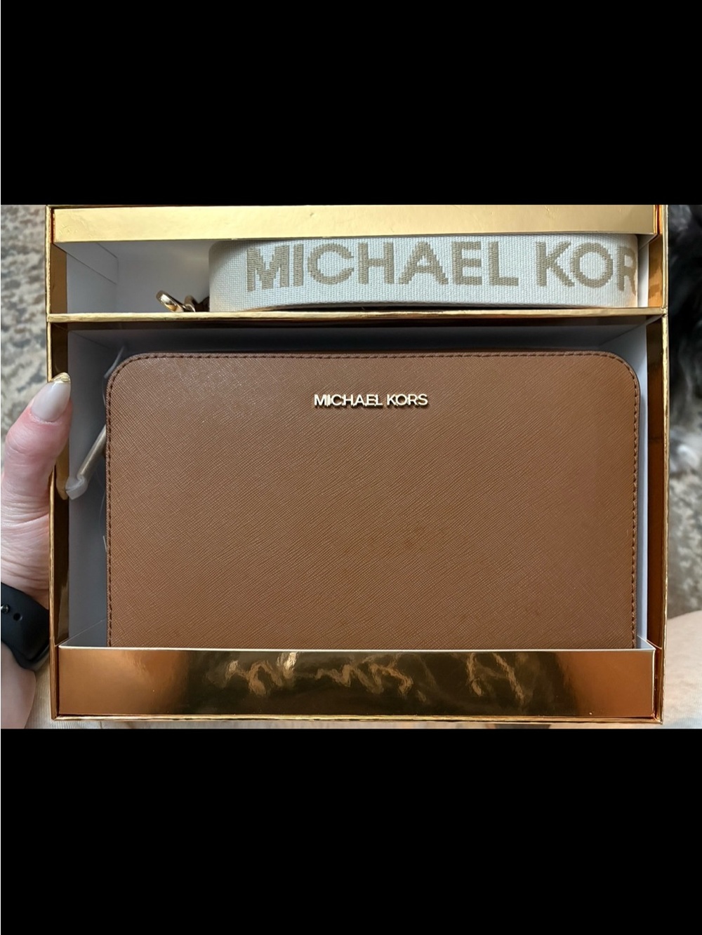 Michael Kors Brown Leather Crossbody with Branded Canvas Strap